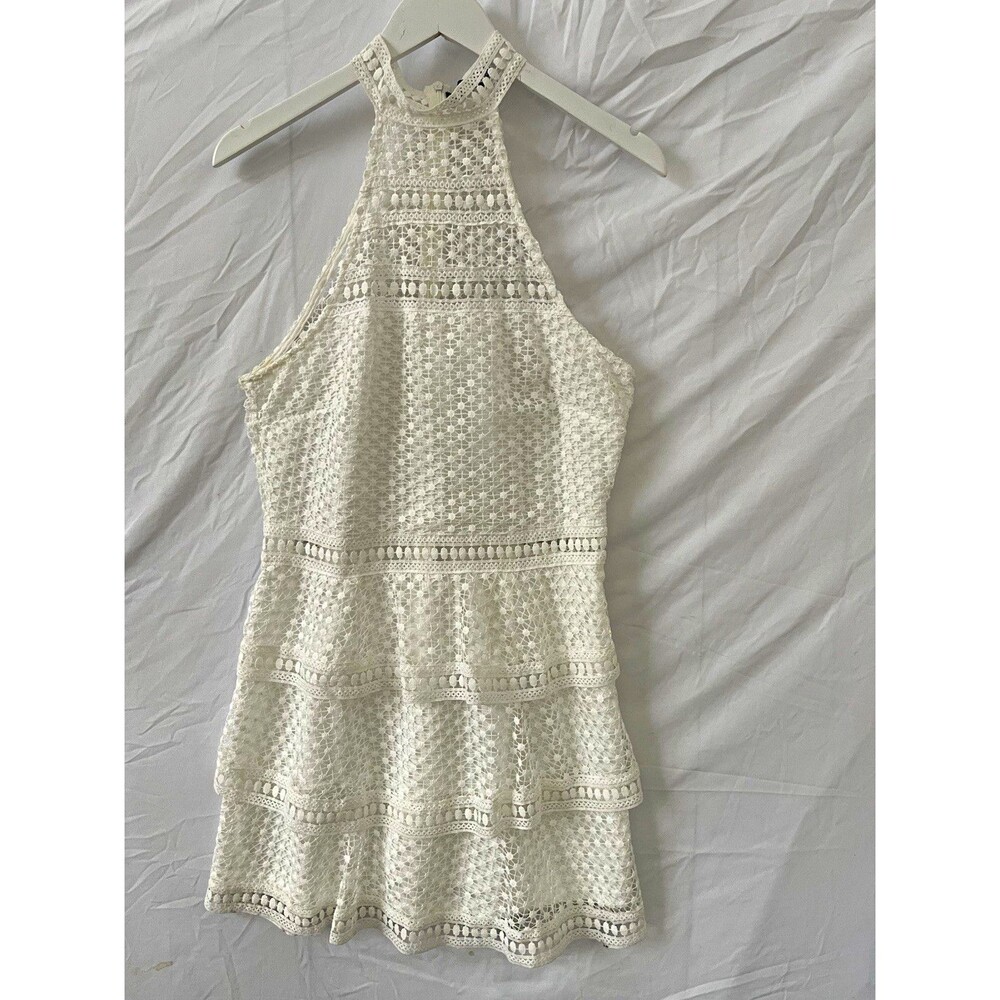PrettyLittleThing Women's White Lace Floral Halter Lined Zip Romper 8